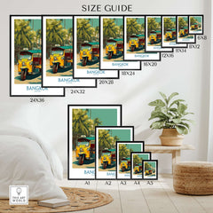 Bangkok Thailand Iconic Tuk Tuks Print - Vibrant Thai Travel Poster Size Guide with various print sizes and styles.