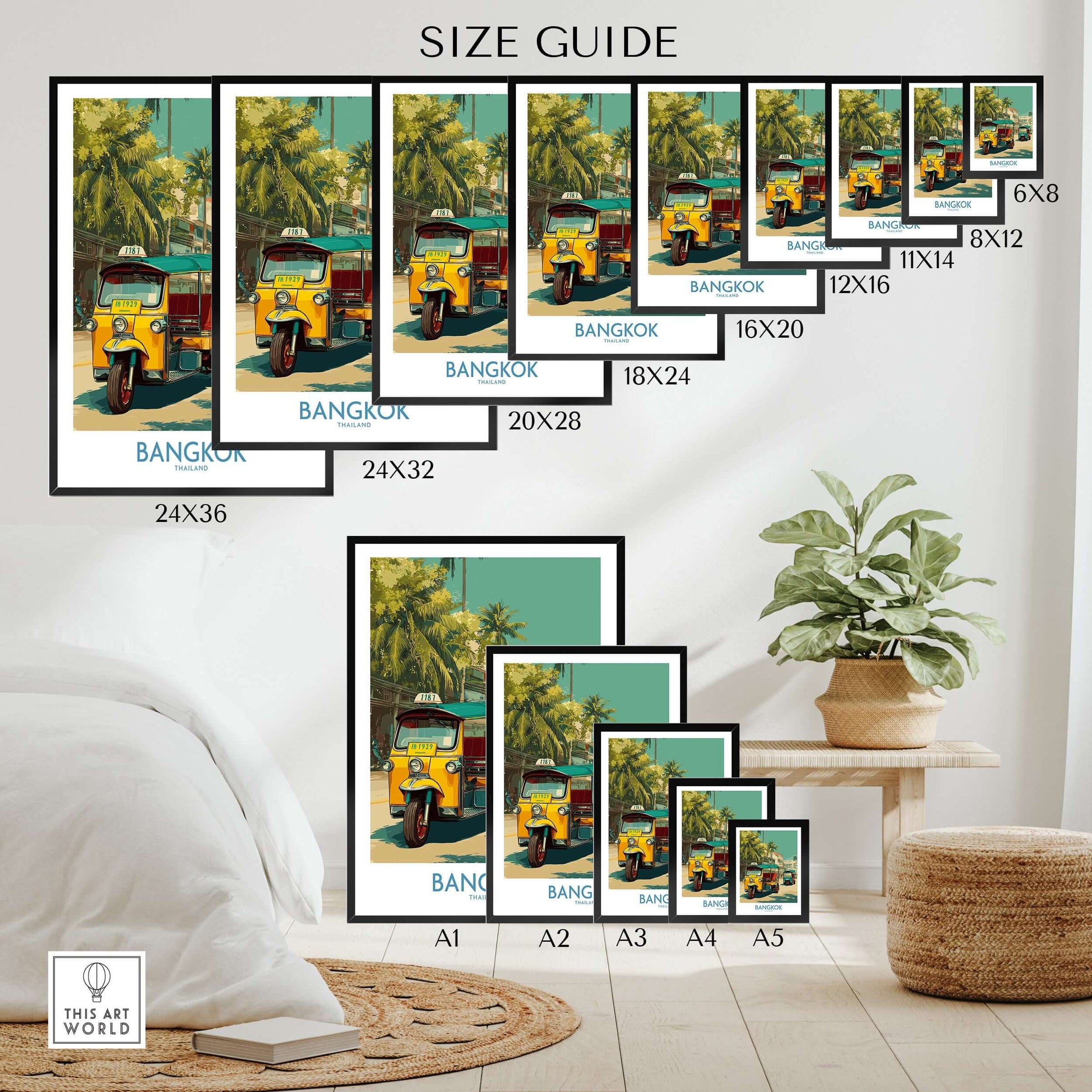 Bangkok Thailand Iconic Tuk Tuks Print - Vibrant Thai Travel Poster Size Guide with various print sizes and styles.