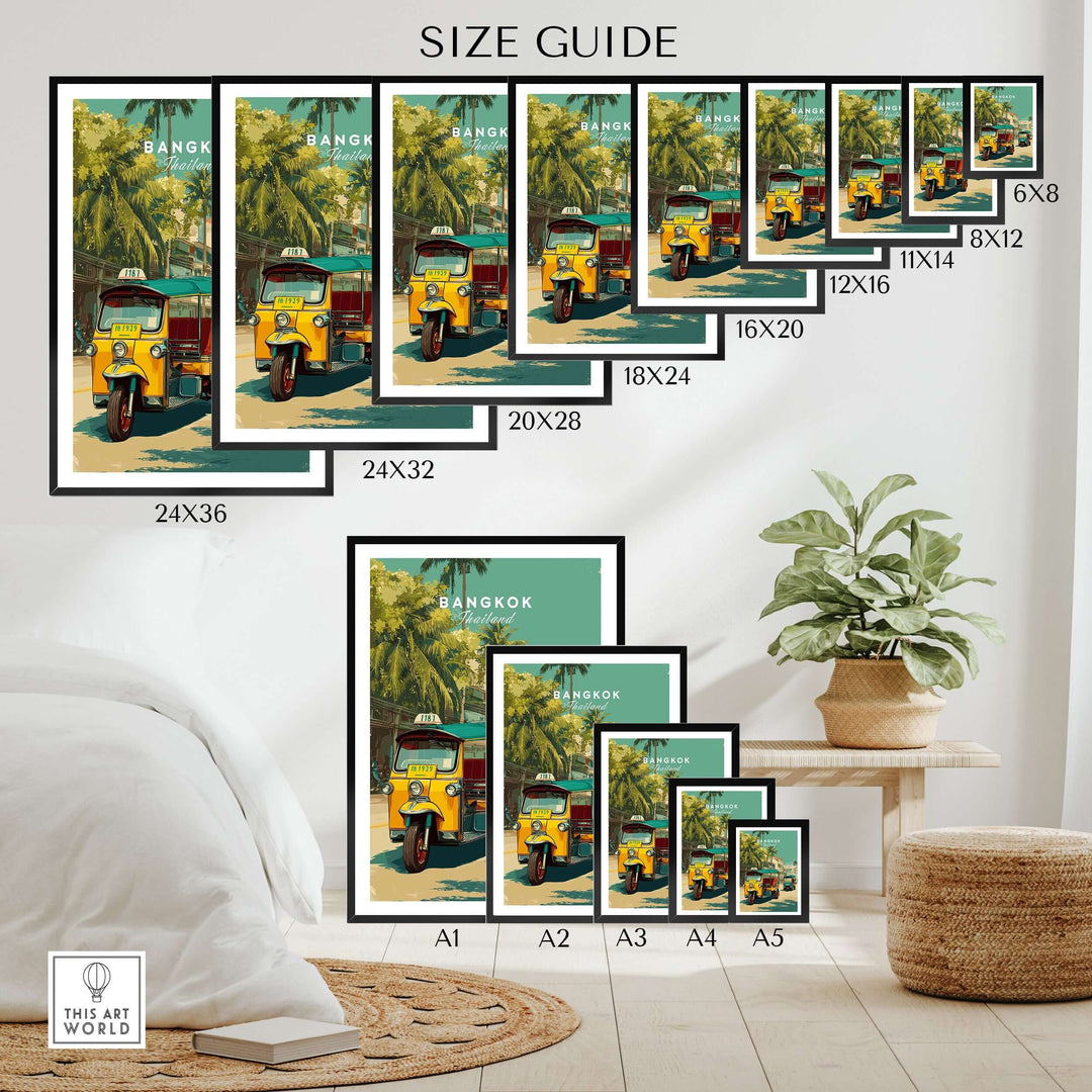 Size guide for Bangkok Thailand tuk tuk city street poster wall art in various dimensions.