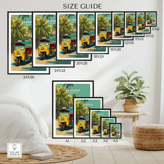 Bangkok Thailand Tuk Tuk City Street Poster - Wall Art size guide showcasing various frame sizes.