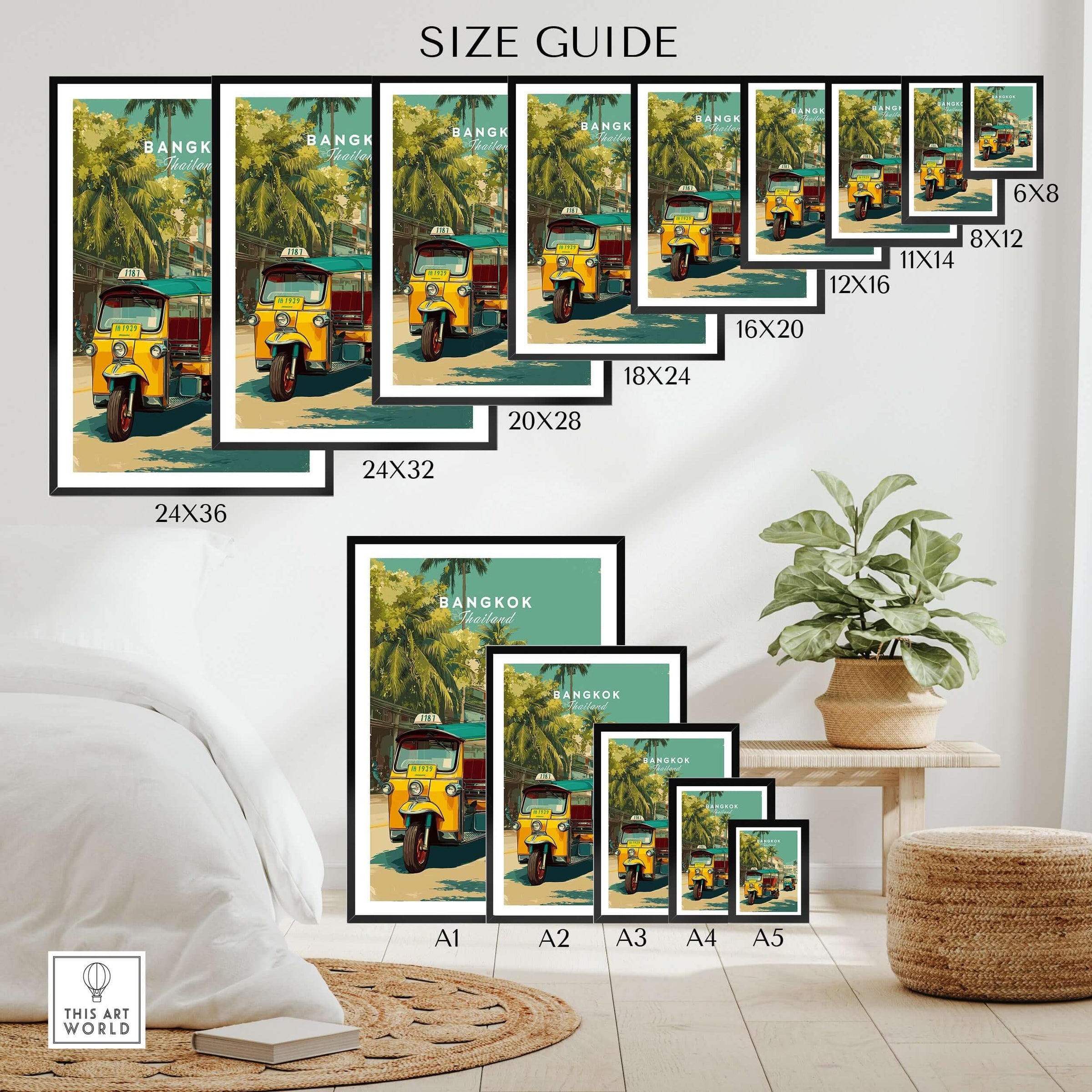 Bangkok Thailand Tuk Tuk City Street Poster - Wall Art size guide showcasing various frame sizes.