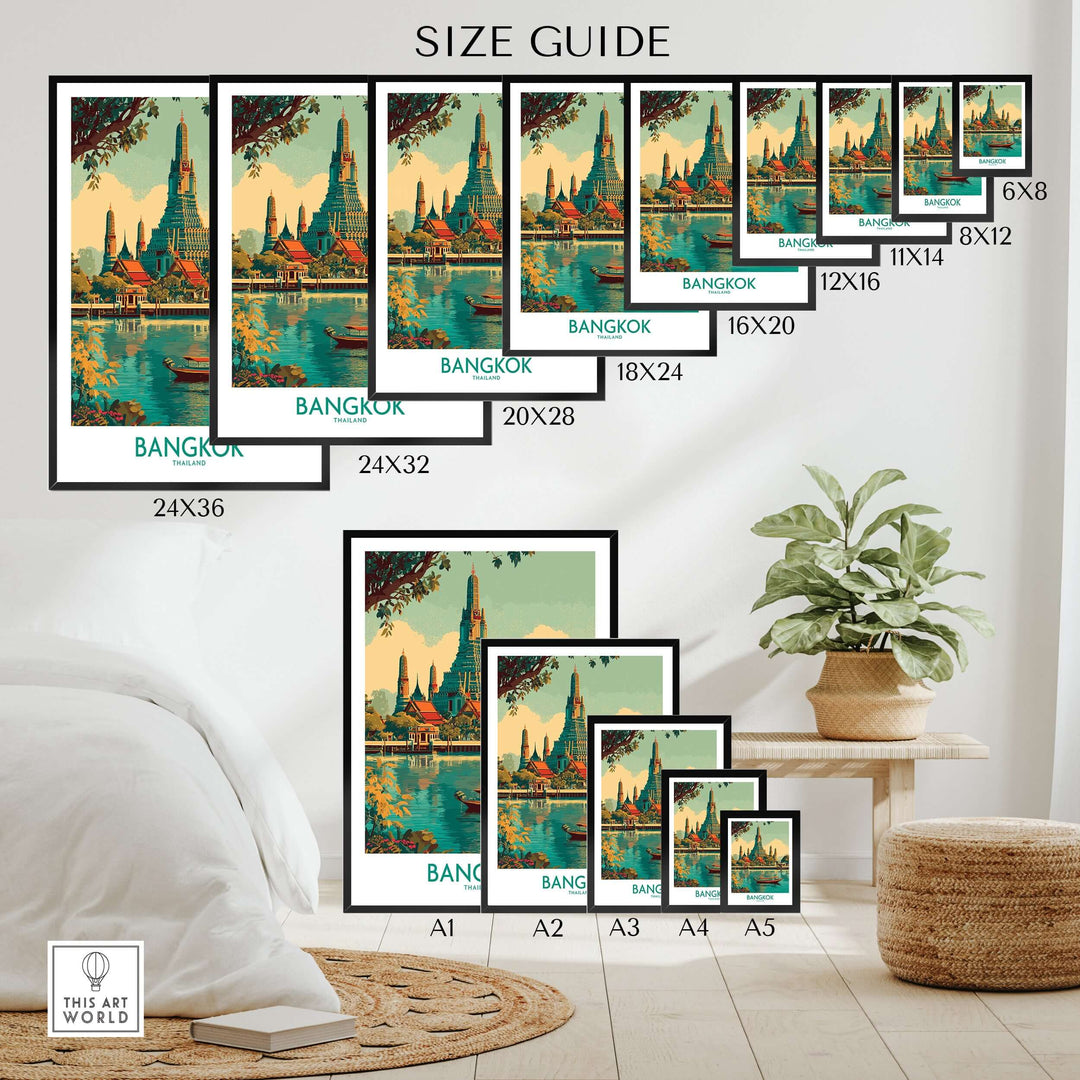 Size guide for Bangkok Wall Art Thailand Temple Poster prints in various dimensions.
