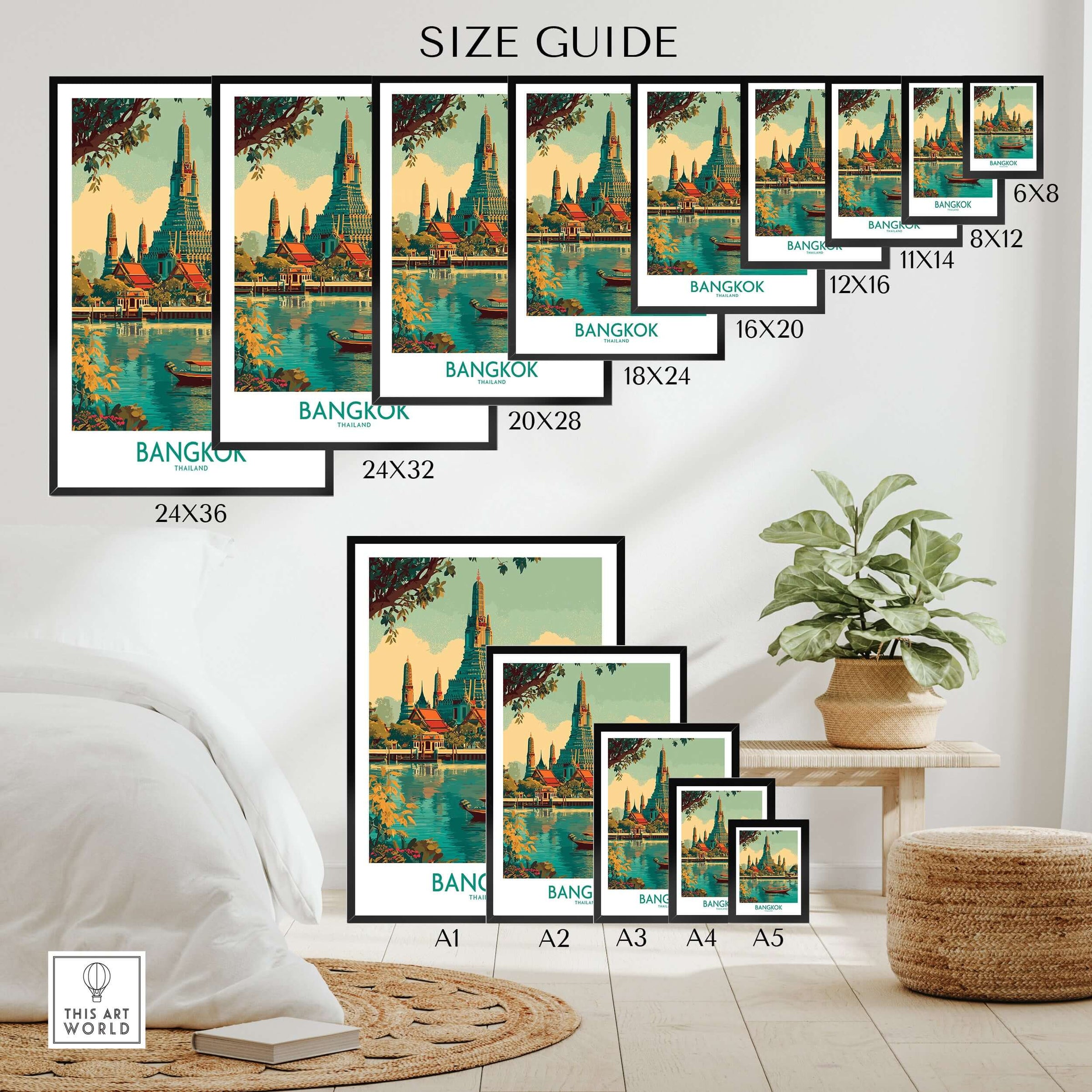 Bangkok Wall Art Thailand Temple Poster - Travel Print size guide displayed with multiple framed art sizes.