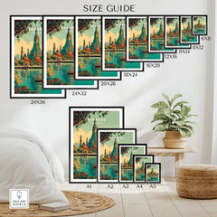 Bangkok Poster Thailand Wat Arun River Scene Print - Grand Temple Wall Art size guide showcasing various frame sizes.