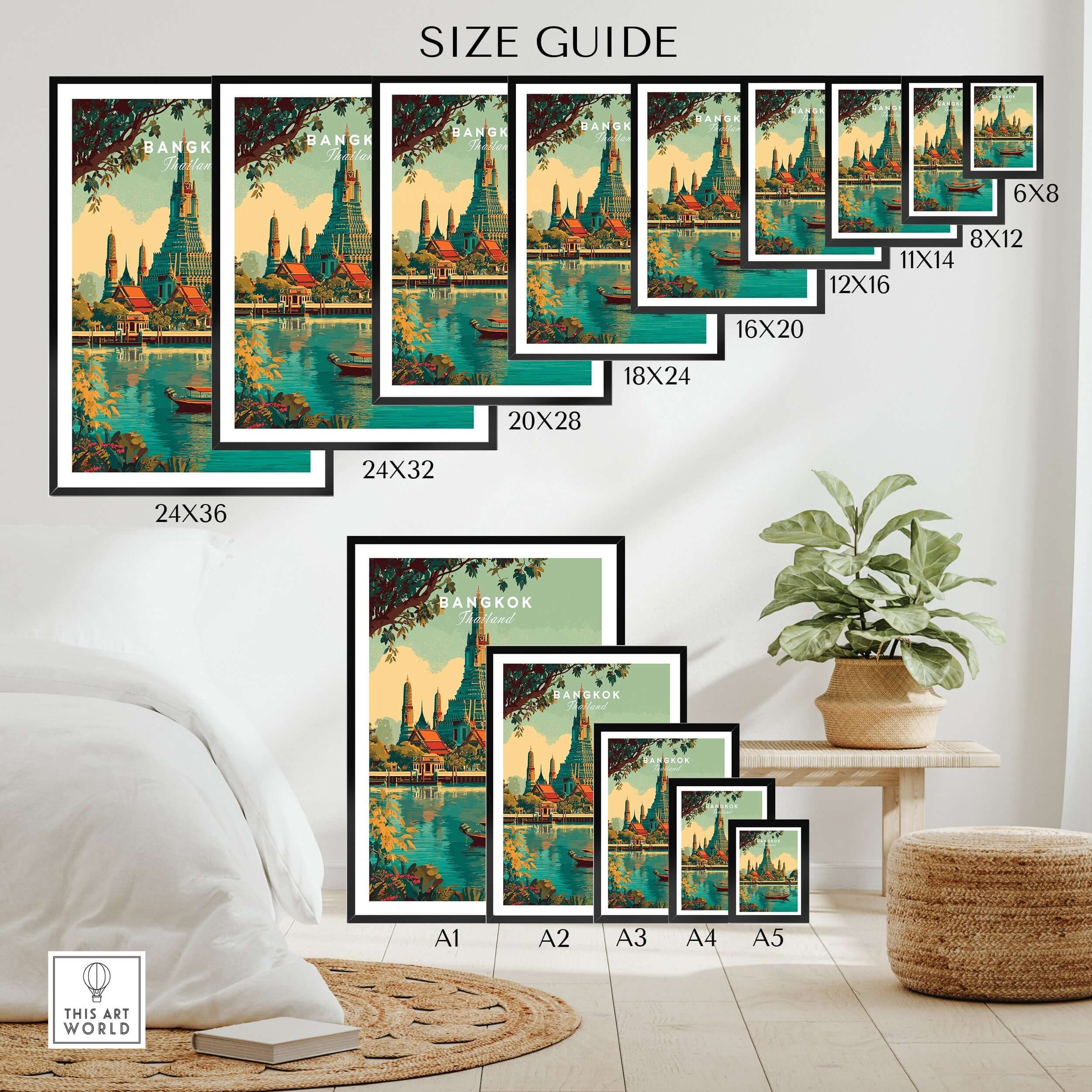 Bangkok Poster Thailand Wat Arun River Scene Print - Grand Temple Wall Art size guide showcasing various frame sizes.