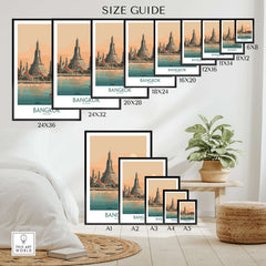 Bangkok Poster Thailand Temple of Dawn - Historic Thai Landmark Print Size Guide showcasing various dimensions.