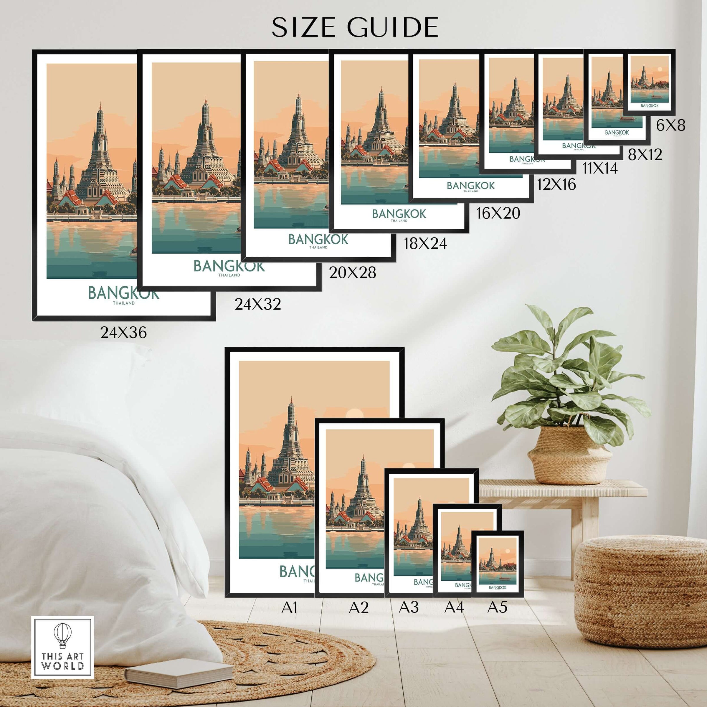 Bangkok Poster Thailand Temple of Dawn - Historic Thai Landmark Print Size Guide showcasing various dimensions.