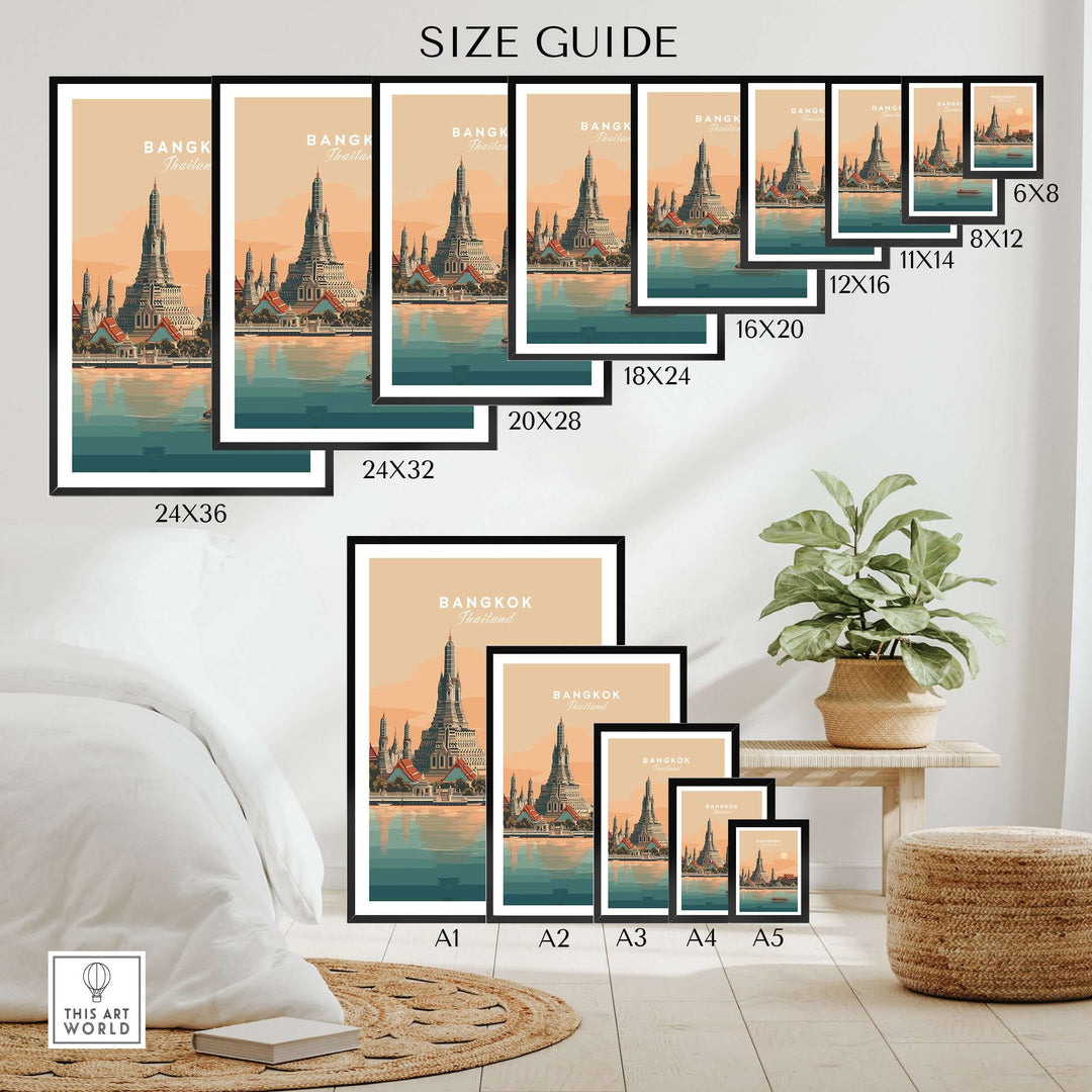 Size guide showcasing Bangkok Wat Arun temple prints in various dimensions displayed in a stylish home setting.