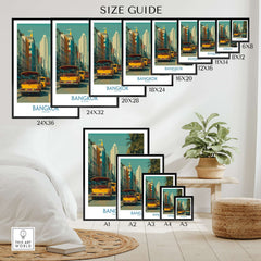 Bangkok Wall Art Thailand Vibrant Street Life - Bangkok Travel Print size guide showing various frame sizes for artwork.