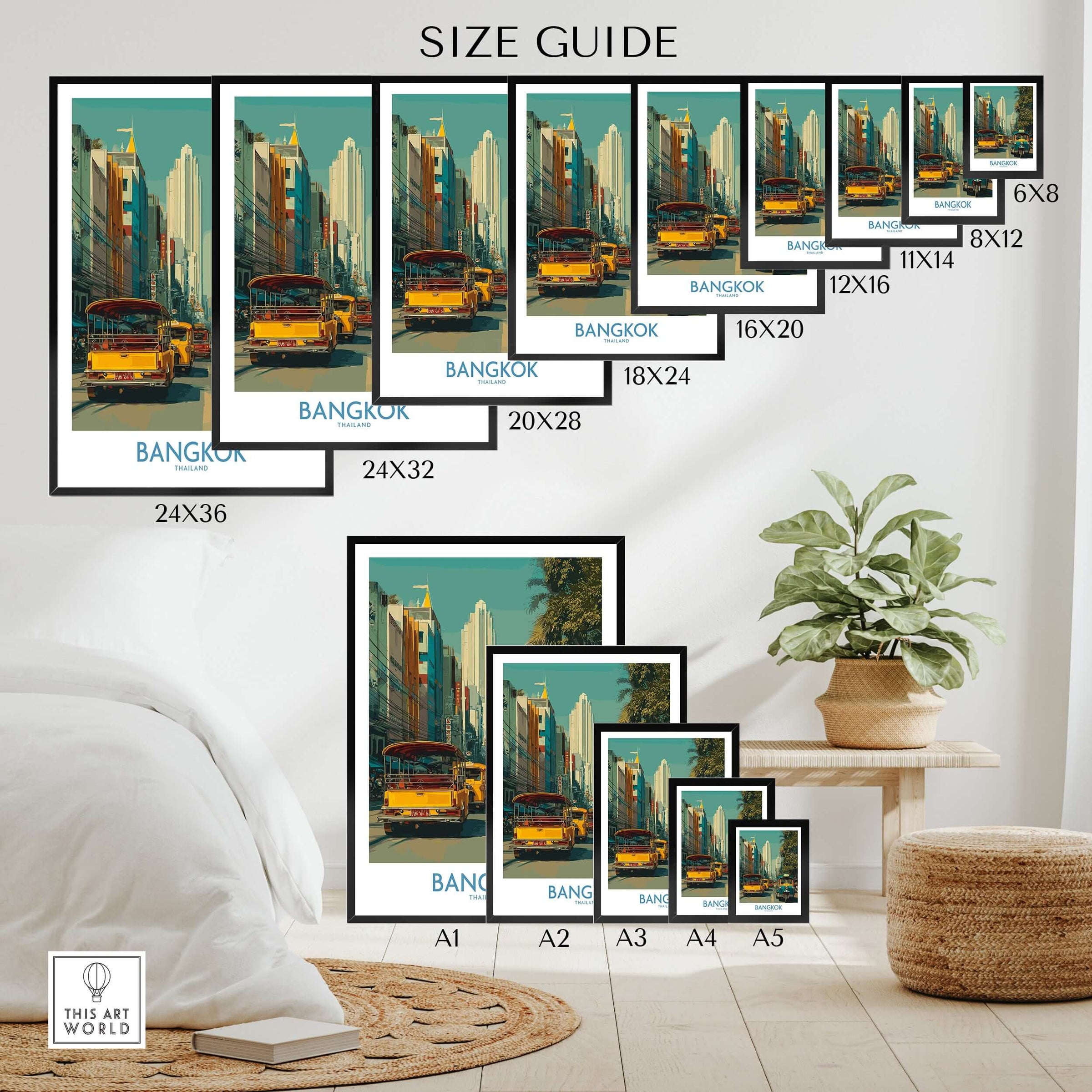 Bangkok Wall Art Thailand Vibrant Street Life - Bangkok Travel Print size guide showing various frame sizes for artwork.