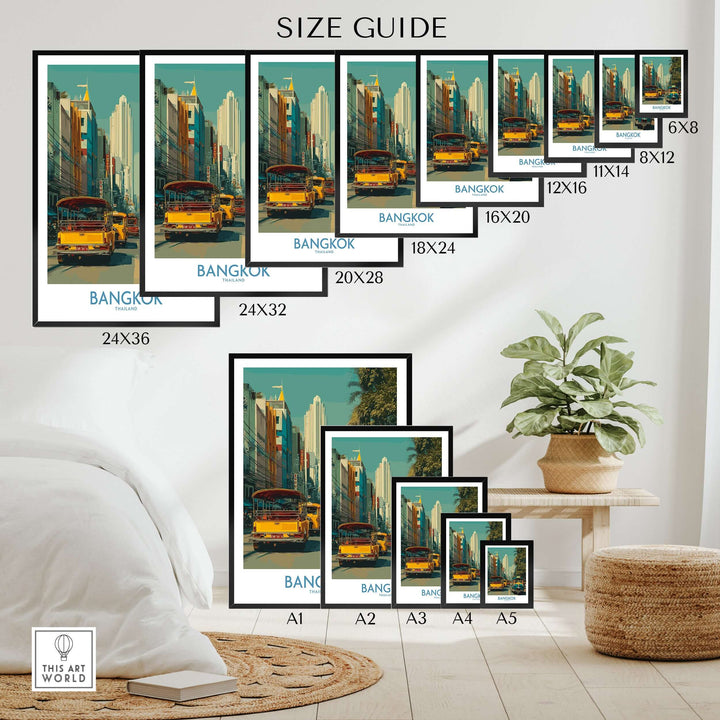 Bangkok wall art size guide showcasing various frame sizes for vibrant street life print.