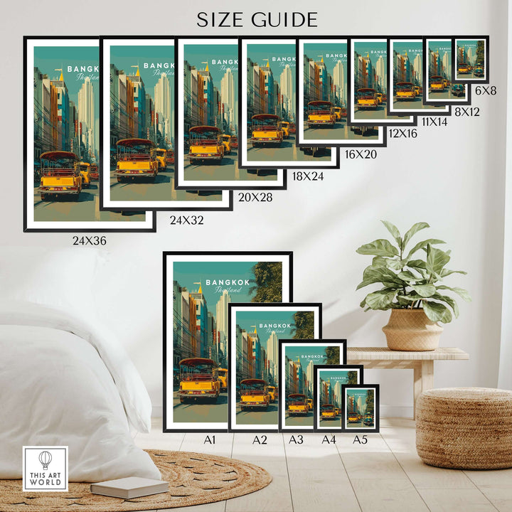 Size guide showcasing various dimensions for Bangkok Thailand tuk tuk street scene posters.
