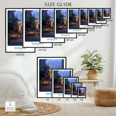 Bangkok Thailand Neon Lights Wall Art - Thai Artwork size guide with framed options and dimensions.