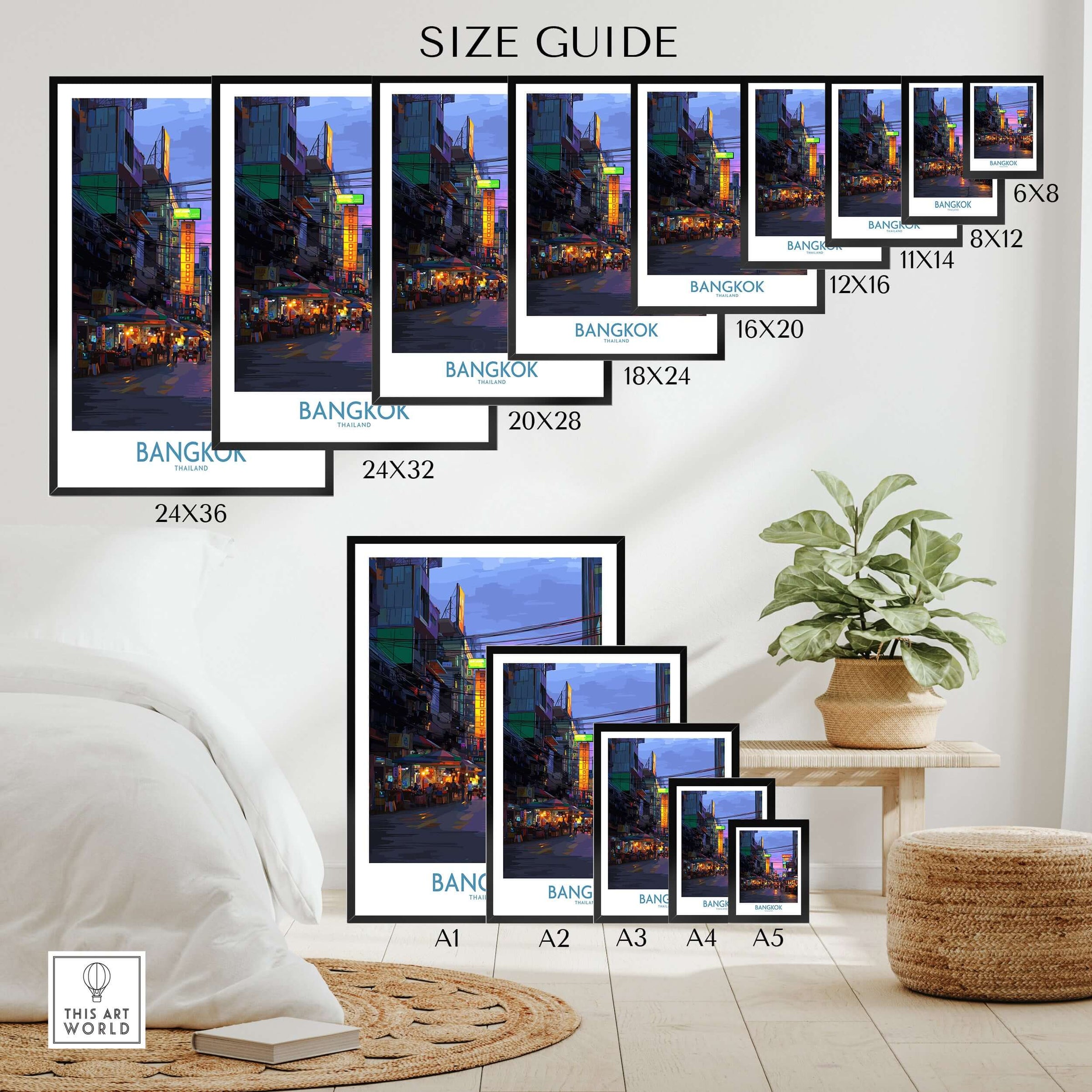 Bangkok Thailand Neon Lights Wall Art - Thai Artwork size guide with framed options and dimensions.