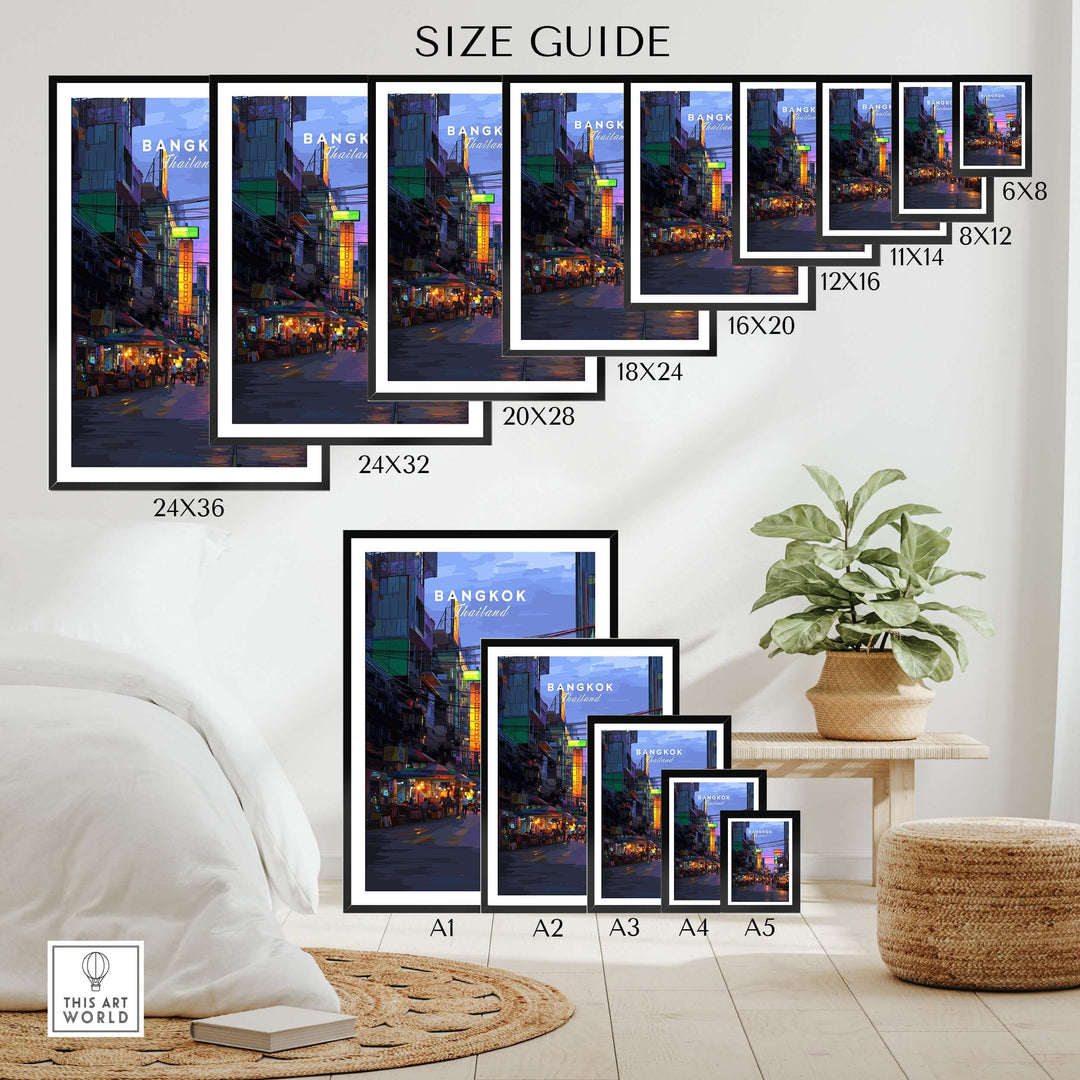 Size guide for Bangkok Thailand Night Market Street poster in various dimensions displayed in a stylish room setting.