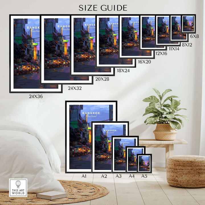 Size guide for Bangkok Thailand Night Market Street poster in various dimensions displayed in a stylish room setting.