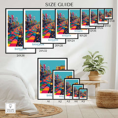Bangkok Thailand Wall Art - Thai Market Poster Illustration size guide with various frame options.