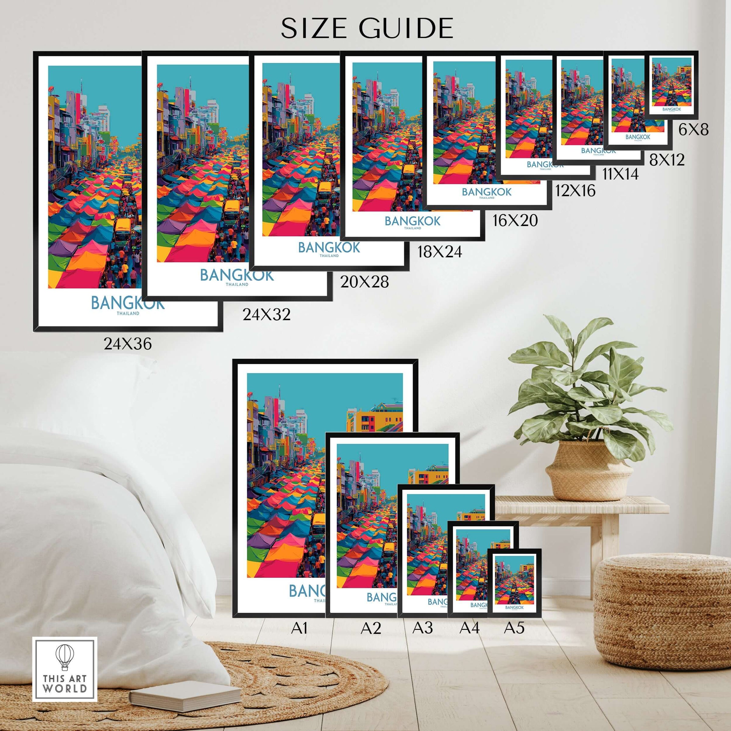 Bangkok Thailand Wall Art - Thai Market Poster Illustration size guide with various frame options.