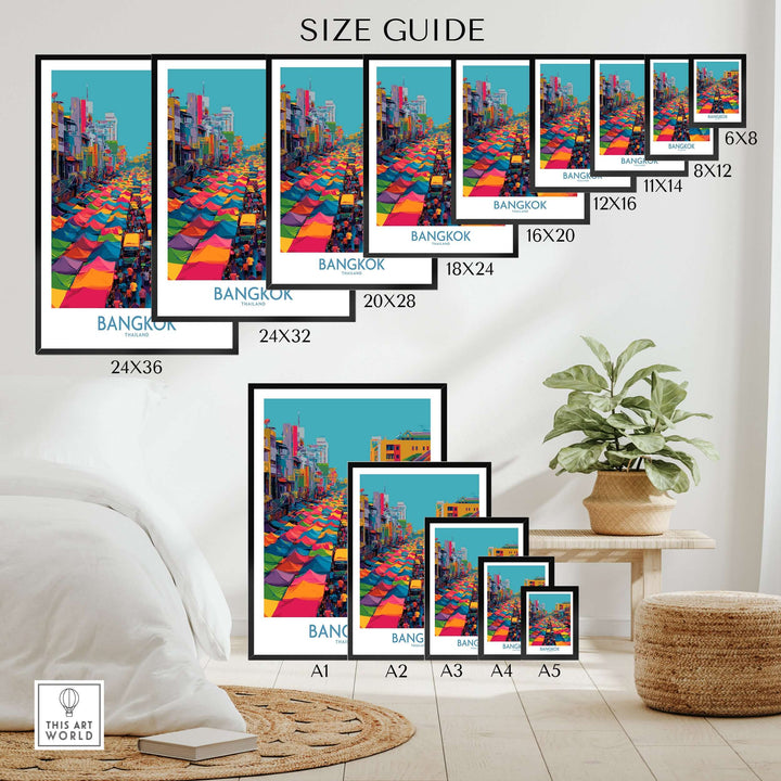 Size guide for Bangkok Thailand wall art poster showcasing various frame sizes with colorful market illustration.
