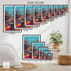 Bangkok Thailand Poster Colorful Market Tents - Vibrant Street Market Print size guide with various frame dimensions.