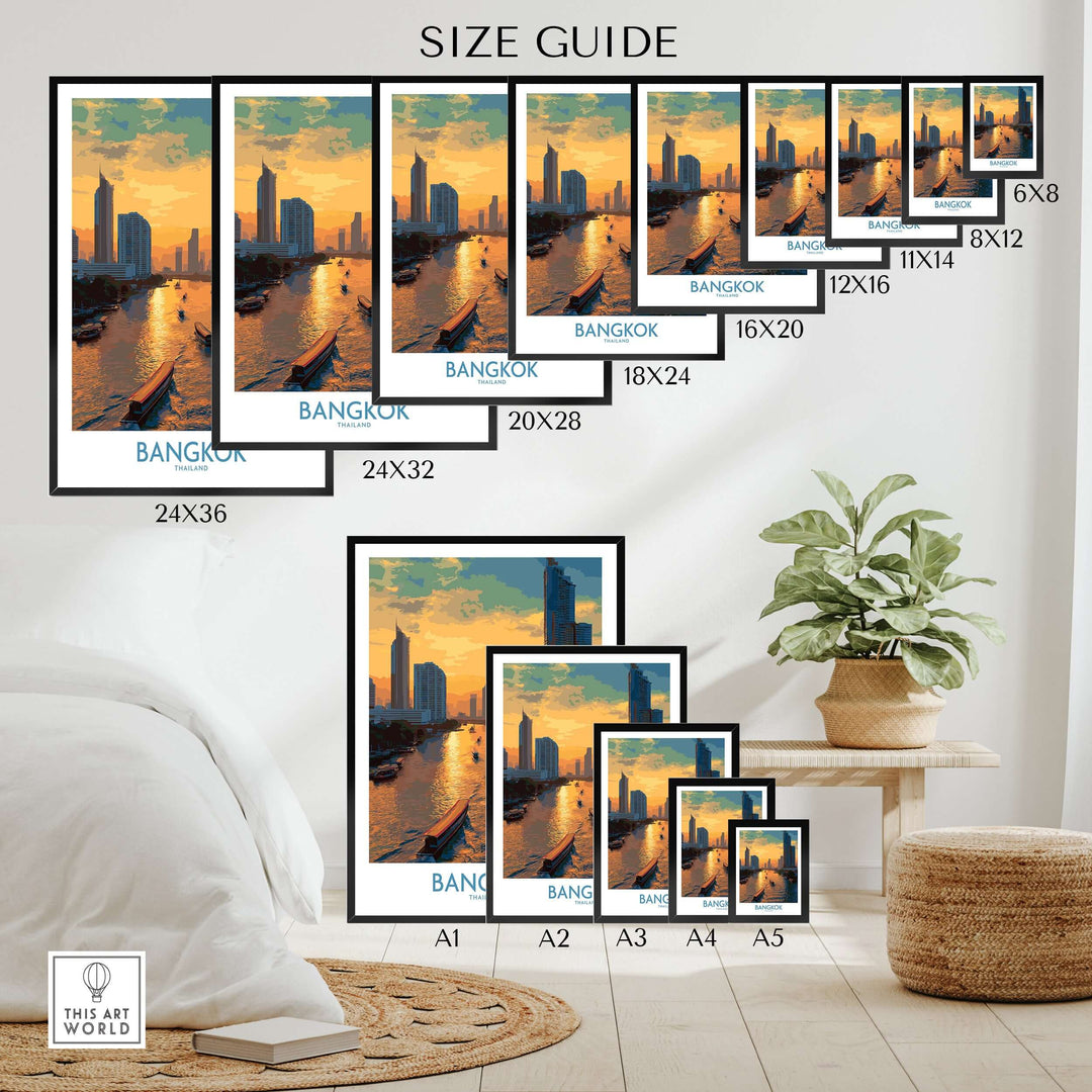 Size guide for Bangkok urban waterfront wall art, showcasing various dimensions and placements in a stylish living room setting.