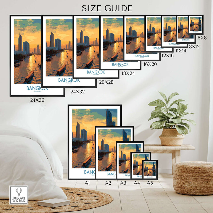 Size guide for Bangkok urban waterfront wall art, showcasing various dimensions and placements in a stylish living room setting.