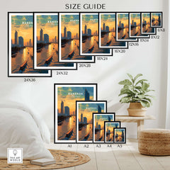 Bangkok Thailand River Boats Skyline Print - Chao Phraya Sunset Poster size guide displaying various frame sizes.