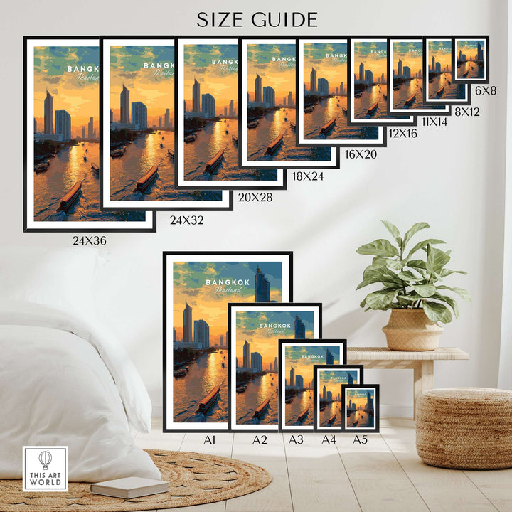 Size guide for Bangkok Chao Phraya sunset poster prints showcasing various frame sizes.