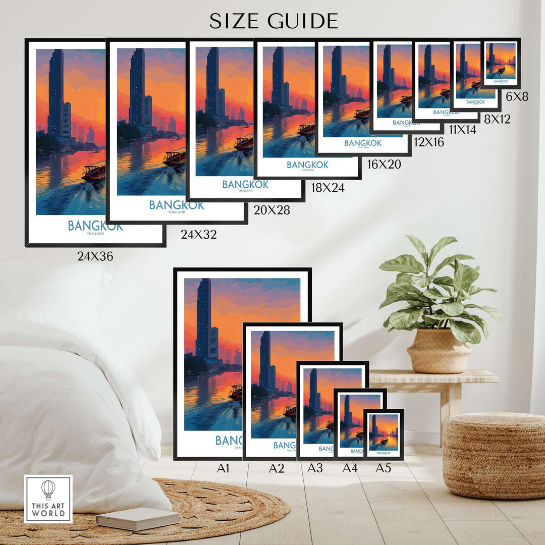 Bangkok wall art size guide featuring Thai river scene at golden hour with various frame sizes.