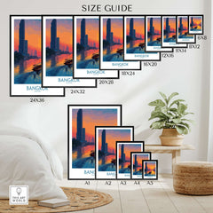 Bangkok Wall Art Thailand Golden Hour - Thai River Travel Scene size guide with framed artworks and dimensions