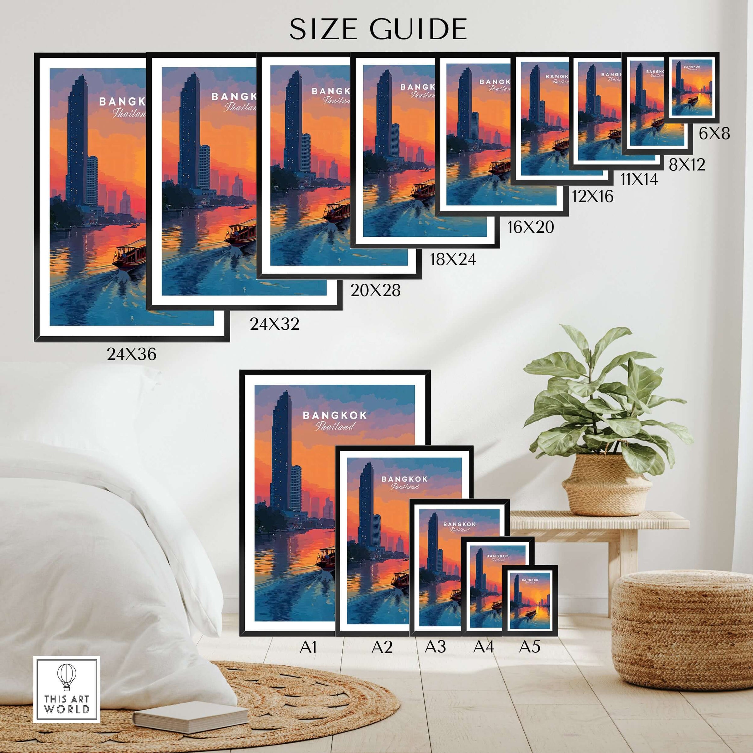 Bangkok Sunset Poster Thailand Longtail Boat - River City Skyline Print size guide for various frame sizes.