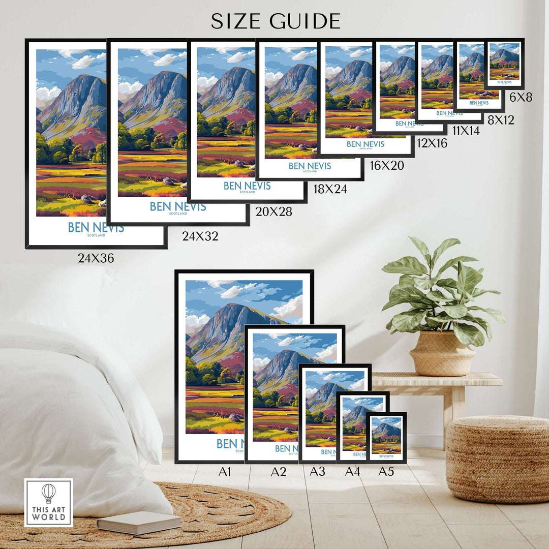 Size guide for Ben Nevis wall art featuring vibrant Highland landscape in various frame sizes.