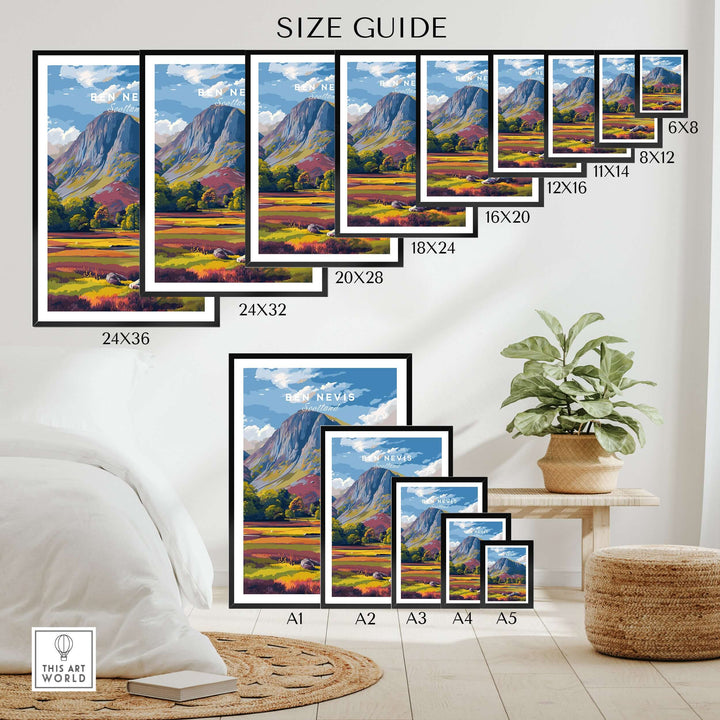 Size guide for Ben Nevis colorful valley poster prints in various dimensions, displayed in a living space.