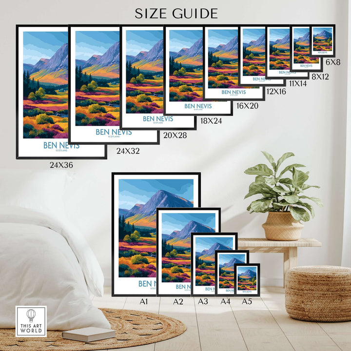 Size guide for Ben Nevis Scotland print with vibrant heather fields and mountain illustration.