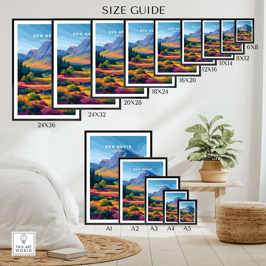 Size guide for Ben Nevis Scotland poster featuring various frame sizes and vibrant fall colors.