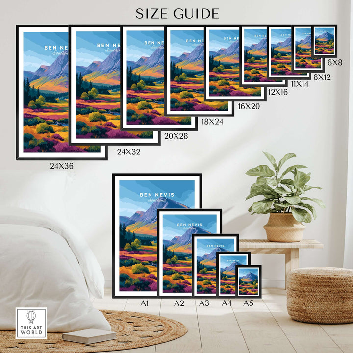 Size guide for Ben Nevis Scotland poster featuring various frame sizes and vibrant fall colors.