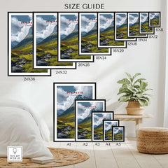 Ben Nevis Scotland Art Print Stream & Mountain - Rugged Scottish Landscape Poster size guide with various frame dimensions