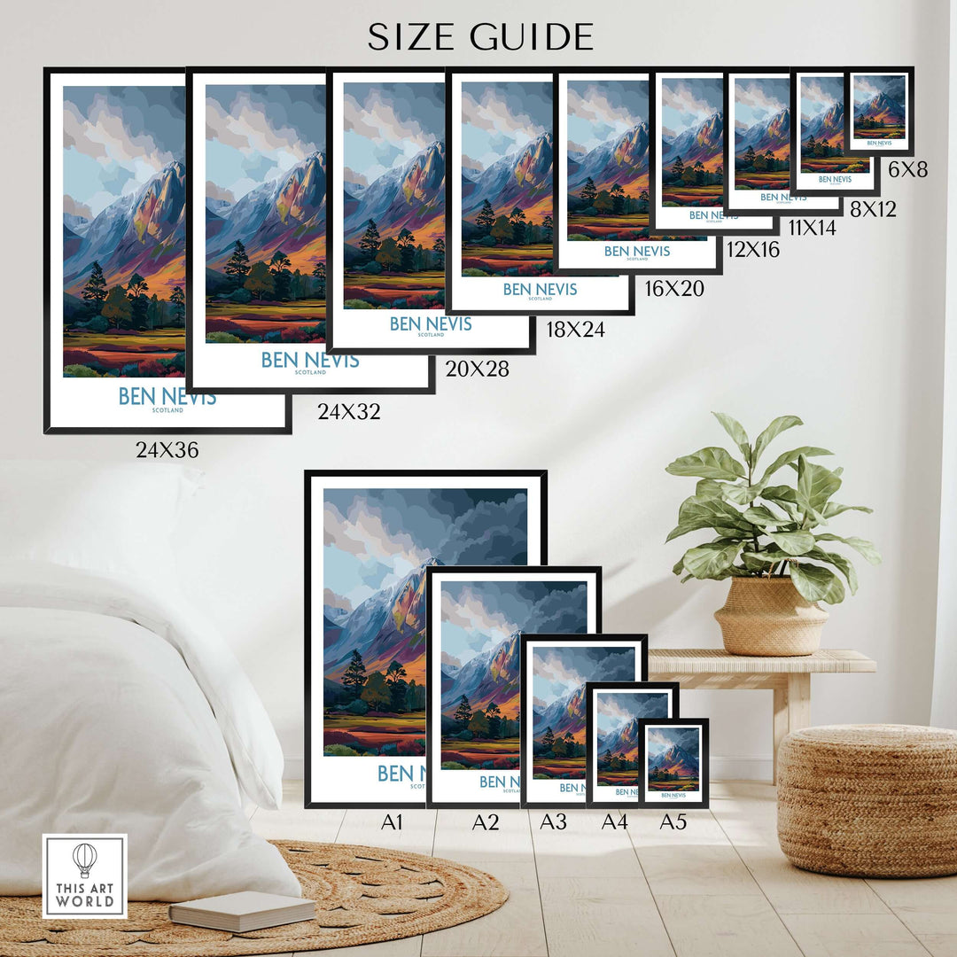 Size guide for Ben Nevis Wall Art showcasing various frame sizes in a cozy interior setting.