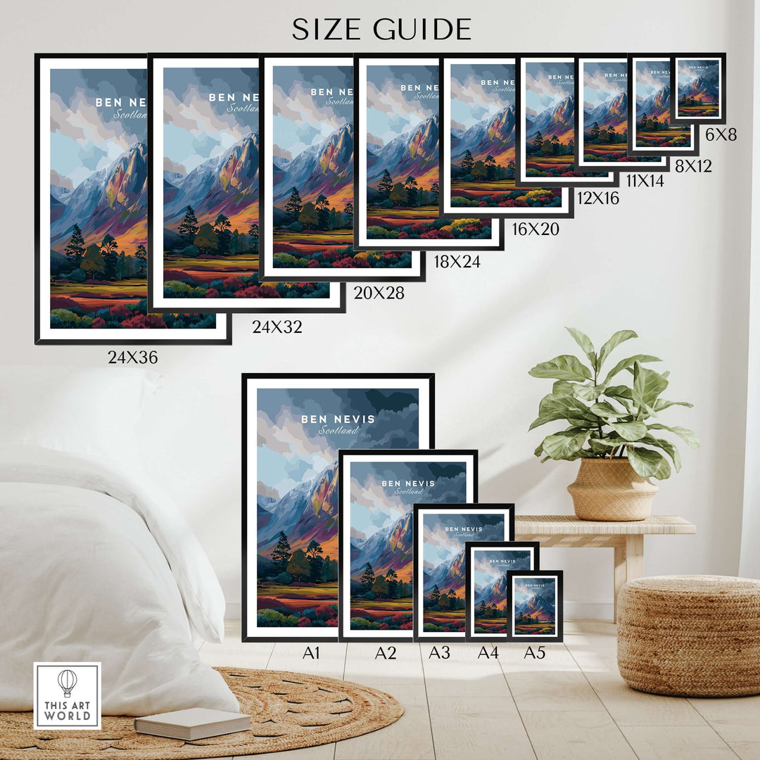 Size guide for Ben Nevis art illustration prints in various dimensions displayed in a cozy setting.