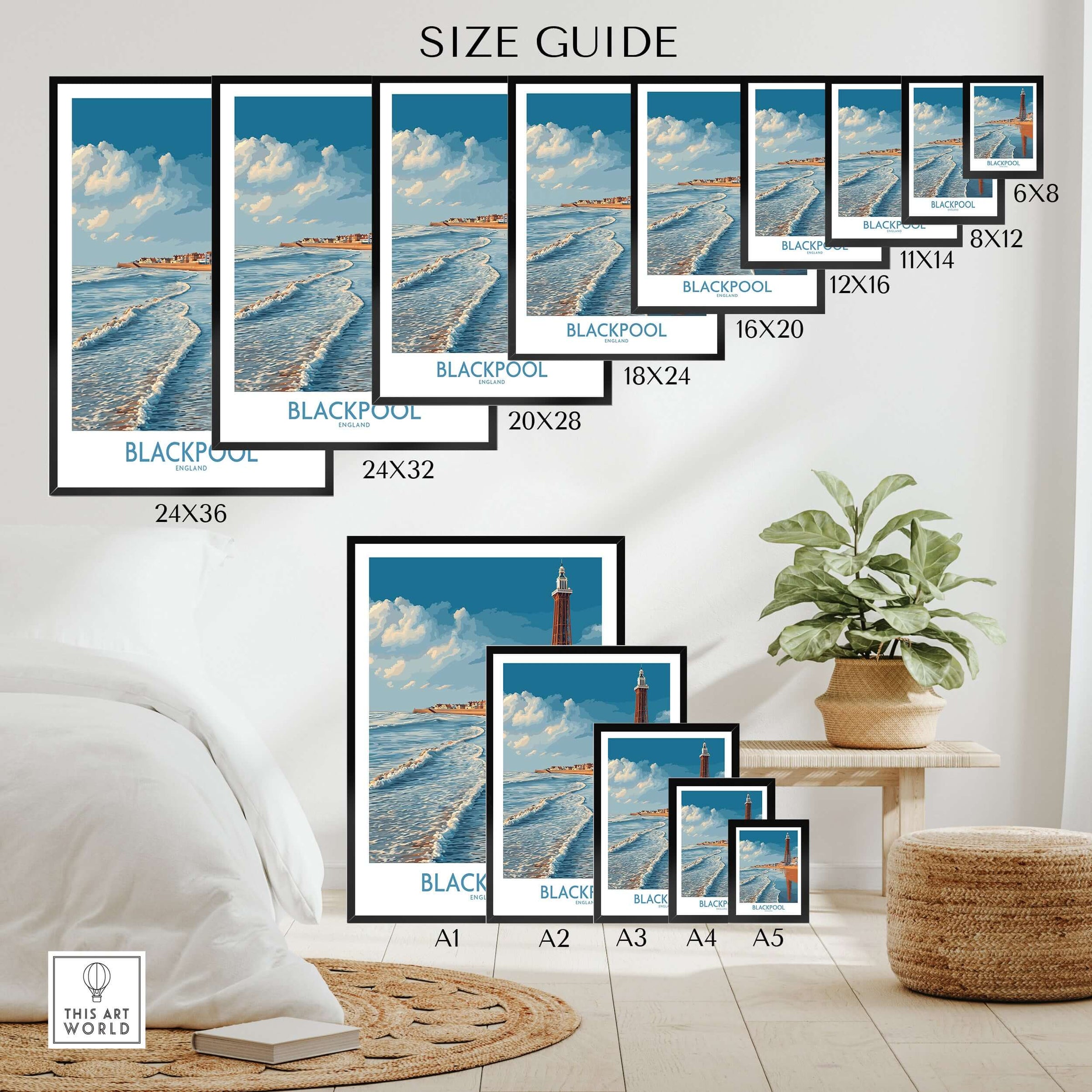 Blackpool England Tower Seascape Art Print | Beach Travel Poster size guide showing various frame sizes.