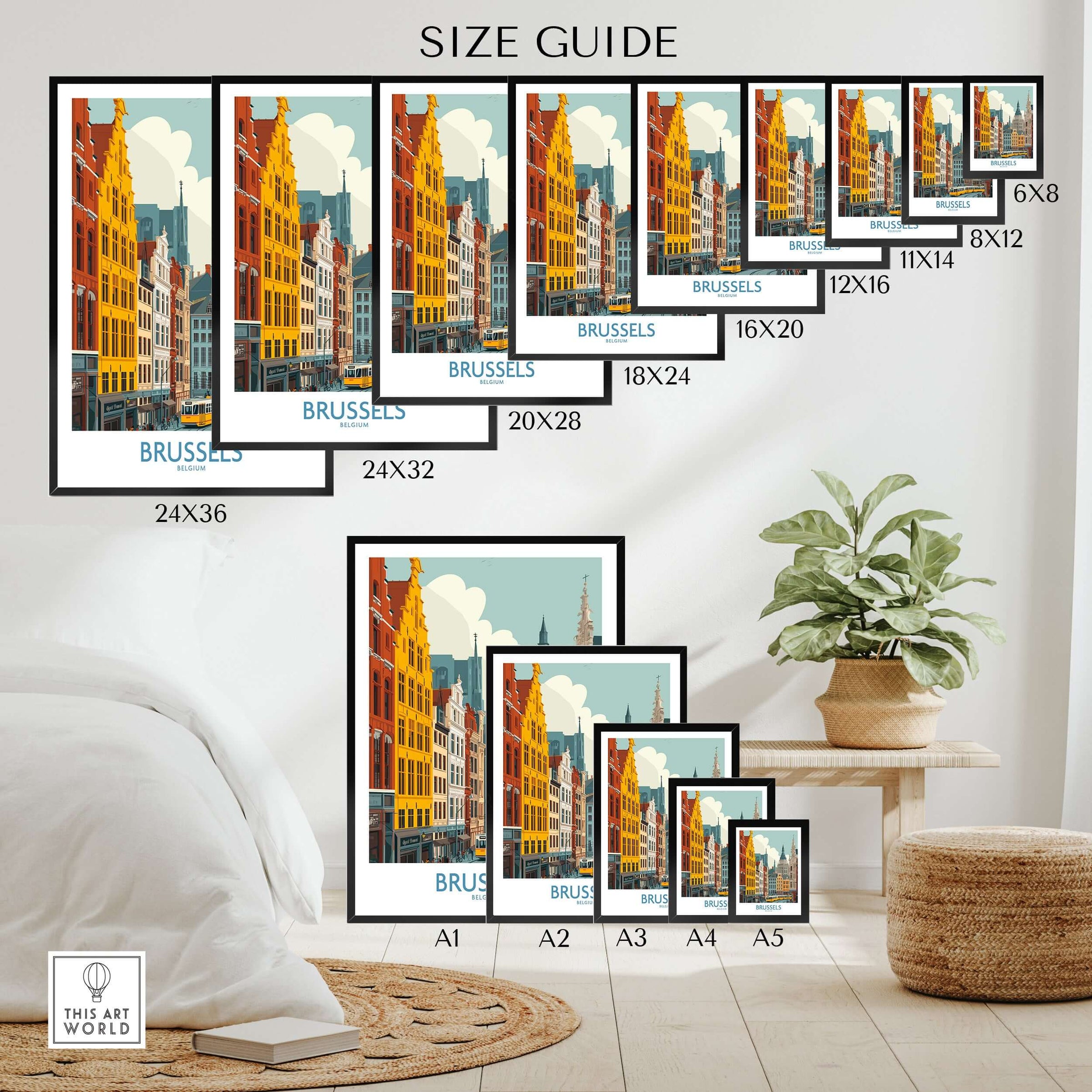 Brussels Wall Art - Belgium Historic Buildings Print size guide showing different frame sizes on display.