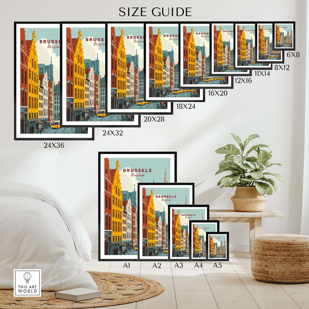 Brussels tram cityscape poster size guide featuring various frame options for vibrant European street art.