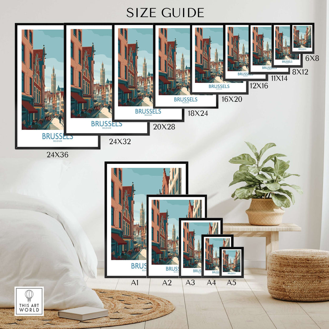 Size guide for Brussels Belgium wall art prints showcasing various dimensions and styles.