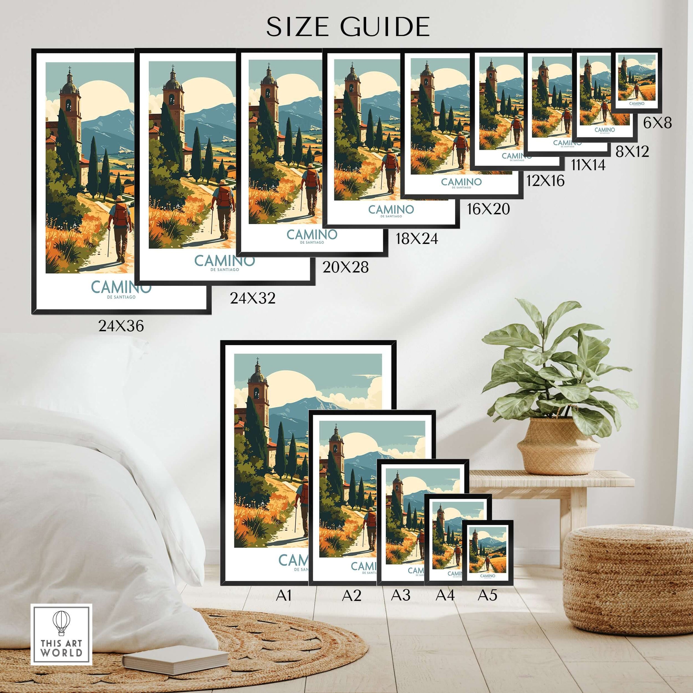 Camino de Santiago Golden Fields Art Print | Spanish Pilgrimage Poster size guide showing different frame options and dimensions.