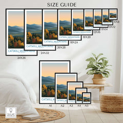 Catskill Mountains New York Fall Landscape Poster - New York State Travel Decor Size Guide displaying various frame sizes.