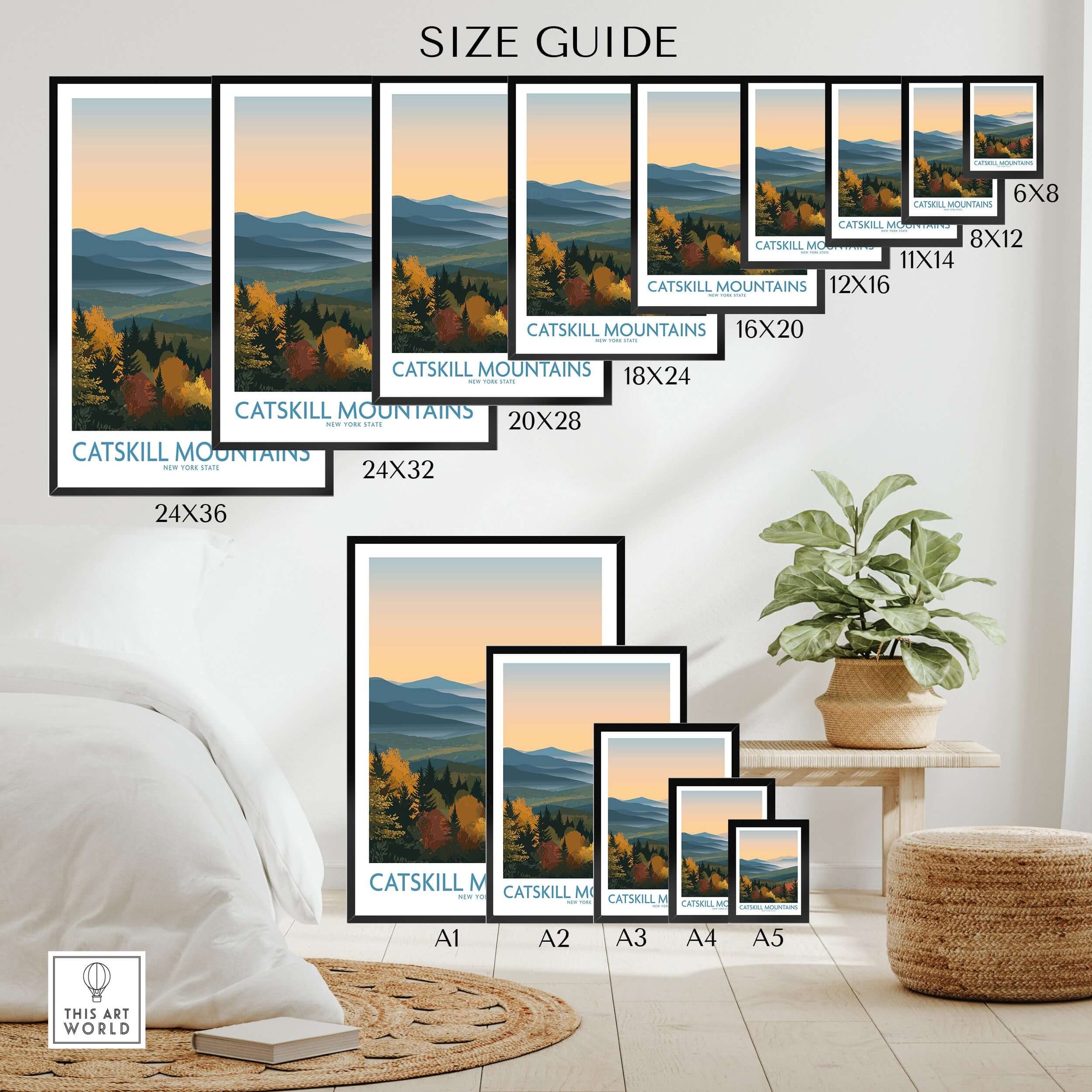 Catskill Mountains New York Fall Landscape Poster - New York State Travel Decor Size Guide displaying various frame sizes.