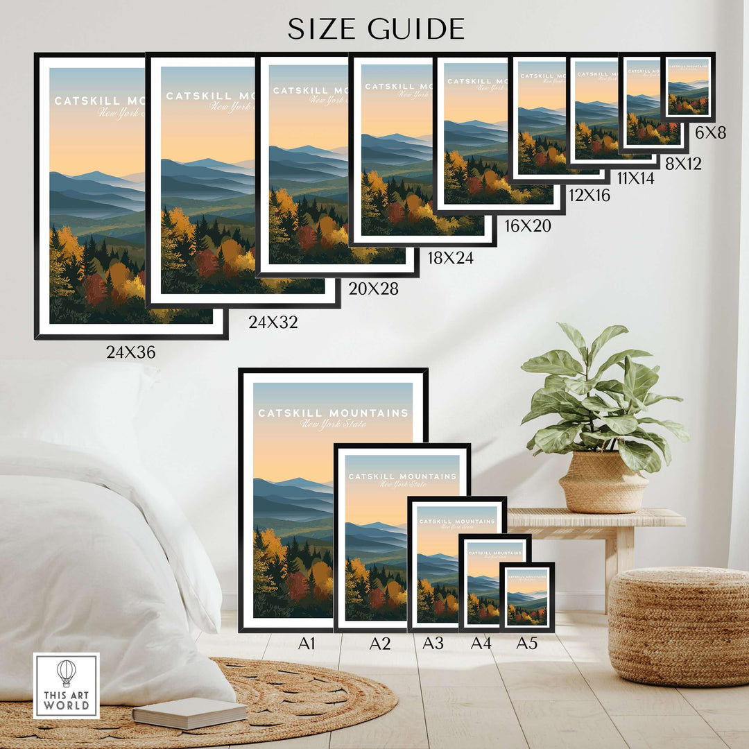 Size guide for Catskill Mountains New York autumn foliage prints showcasing frame options and dimensions.