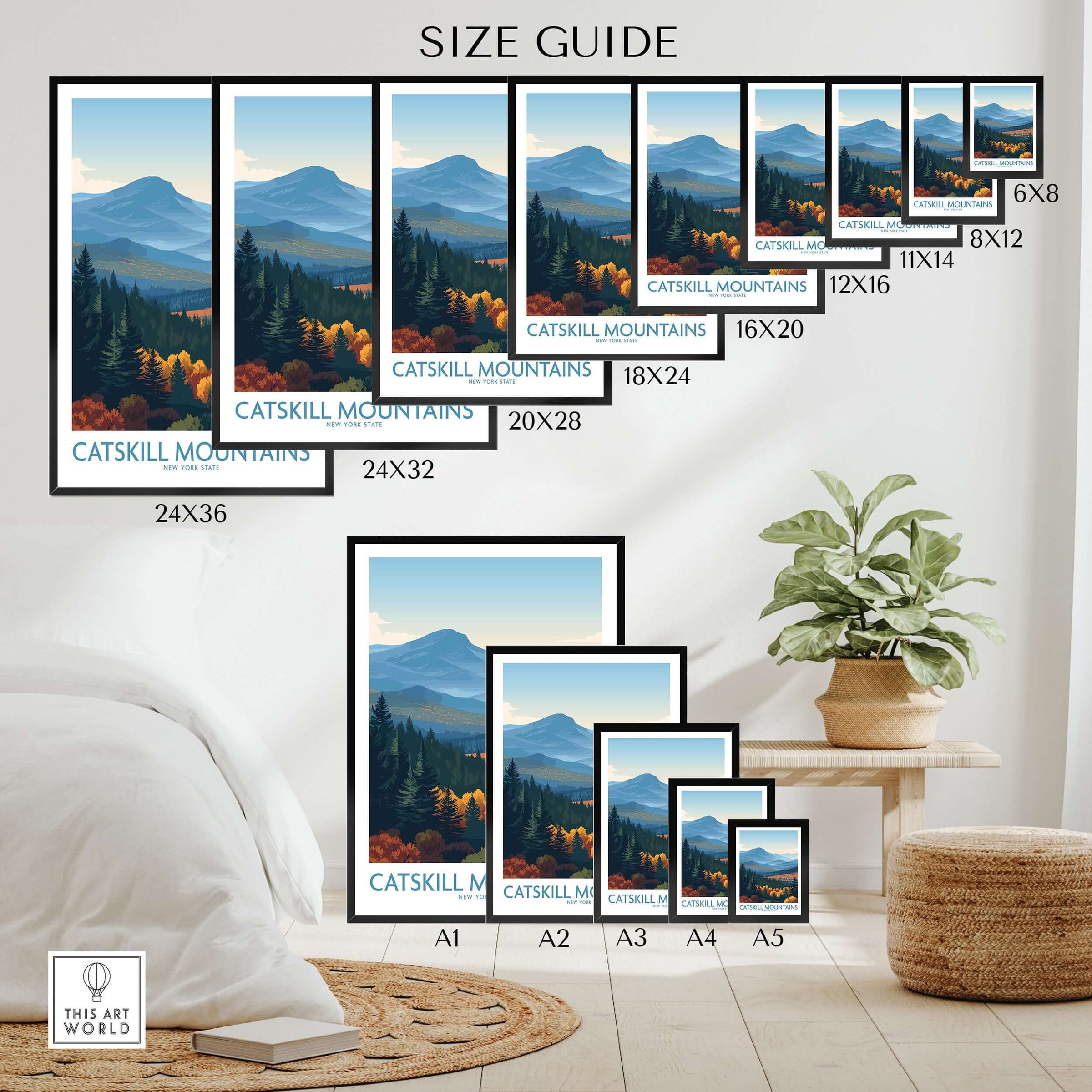 Catskill Mountains New York Blue Mountains Fall Poster - New York State Nature Decor size guide showing various frame sizes.