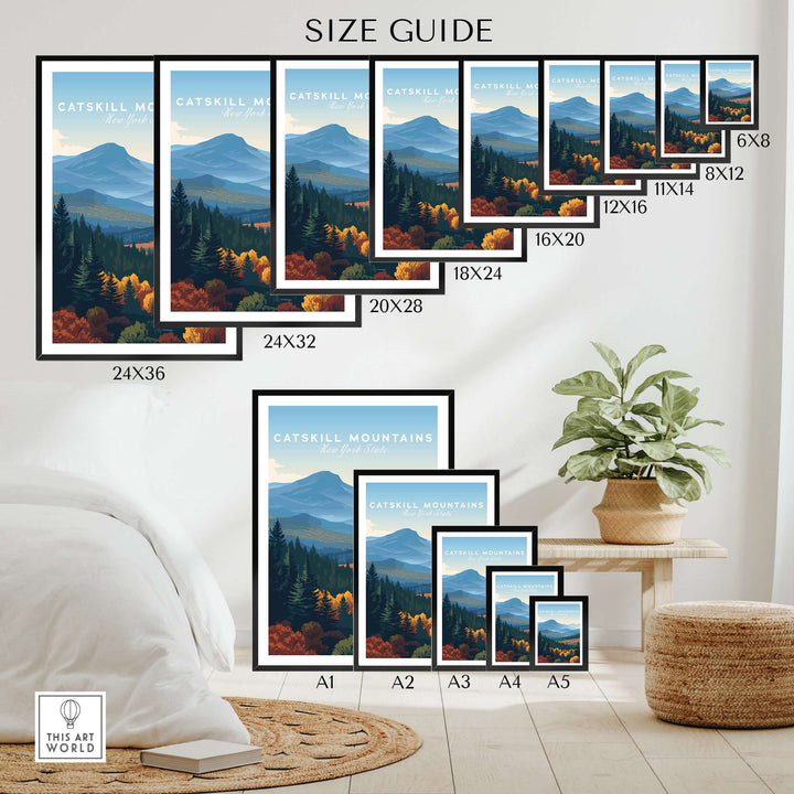 Size guide for Catskill Mountains Layered Hills print showcasing various frame sizes and design options.