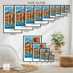 Cefalù Italy Mediterranean Beach Poster - Historic Seaside Travel Print size guide showcasing various frame sizes on display.